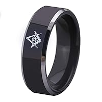 Classic 8mm Black with Silver Bevel Masonic Seeing Eye Compass and Square Design Tungsten Carbide Ring -Free Customize Engraving
