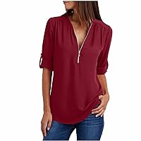 Women's Zipper V Neck Chiffon Tops Casual Roll Long Sleeve Solid Casual Tunic Shirts Loose Trendy Pullover Blouses