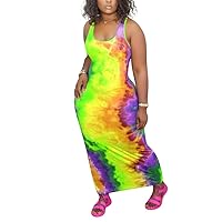 Ophestin Womens Sexy Racerback Tie Dye Print Bodycon Maxi Plus Size Tank Dresses