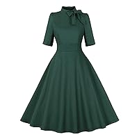 1950s Vintage Bow Tie High Neck A-Line Dress for Women Short Sleeve Business Work Audrey Style Elegant Swing Dresses