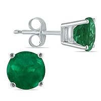 Genuine 5mm Round Emerald Gemstone Earrings Set in 14k White Gold