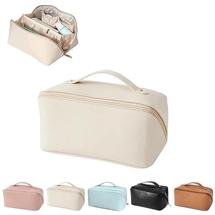 UNDIFY Large-Capacity Travel Leather Makeup Bag Cosmetic Bag Waterproof Portable Makeup Case Organizer Toiletry Bag Makeup Box for Skincare Cosmetics Toiletries with Handle and Divider White