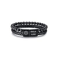VNOX Custom Engraving Medical Alert ID Two-Strand Braided Leather Cuff Wristband Rope Bracelet with Stainless Steel for Men Boy