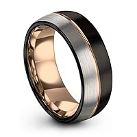 Tungsten Wedding Band Ring 8mm for Men Women 18k Rose Yellow Gold Plated Dome Off Set Line Black Grey Half Brushed Polished