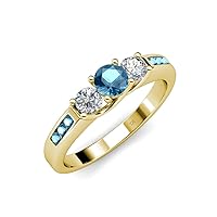 Round Blue Topaz & Diamond Women Three Stone Engagement Ring with Blue Topaz on Side Bar 0.82 ctw 14K Gold