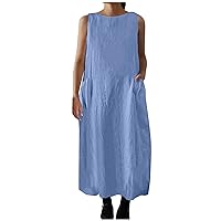 Womens Summer Cotton Linen Dress Fashion Pockets Casual Sleeveless Tank Long Dresses Solid Loose Fit Flowy Sundress