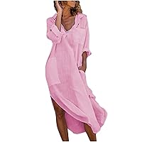 Linen Maxi Dress for Women Summer Casual Roll Up Sleeve Shirt Dress Button Down Split Long Beach Dress with Pockets
