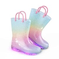 EUXTERPA Toddler Kids Glitter Light Up Waterproof Rain Boots for Girls Sparkle Rainbow Rain Shoes with Easy On Handles