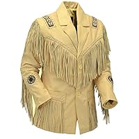 Women’s Native Western Cowgirl Beads Fringe Cream Leather Jacket