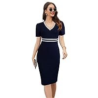 Dresses for Women - Elegant Navy Blue Striped Trim Bodycon Dress