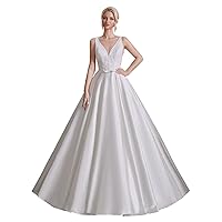 Keting White Ivory Lace Satin A Line Wedding Dress V Neck Sleeveless Floor Length Bridal Gown