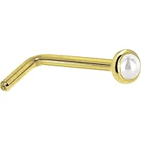Body Candy Solid 14k Yellow Gold 2mm White Cultured Pearl L Shaped Nose Stud Ring 20 Gauge 1/4