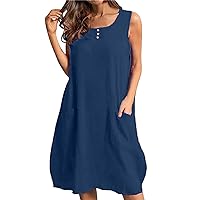 Women's Summer Dresses Cotton Linen Spaghetti Strap Oversized Pocket Dress Sleeveless Loose Mini Dress(Blue,Medium)