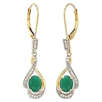 14K Yellow Gold Diamond Natural Cabochon Emerald Leverback Earrings Oval 7x5mm, 1 7/16 inch long