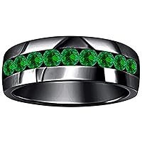 1.30ctw Half Eternity Round Cut Green Emerald 9-Stone Mens Rings Sterling Silver Wedding Band Ring 14k Black Gold Plated