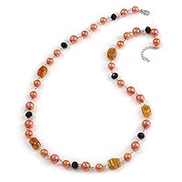 Avalaya Peach Orange Pearl, Black Glass and Ceramic Beaded Necklace - 72cm L/ 4cm Ext
