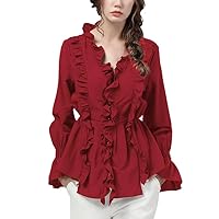 Spring Women' Shirt Flared Sleeve V-Neck Ruffles Tops Solid Color Elastic Waist Female Office Casual Blouses
