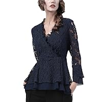 Hook Flower Hollow Women Blue Lace Tunic Shirt Long Sleeve V-Neck Autumn Vintage Office Ladies Tops and Blouses