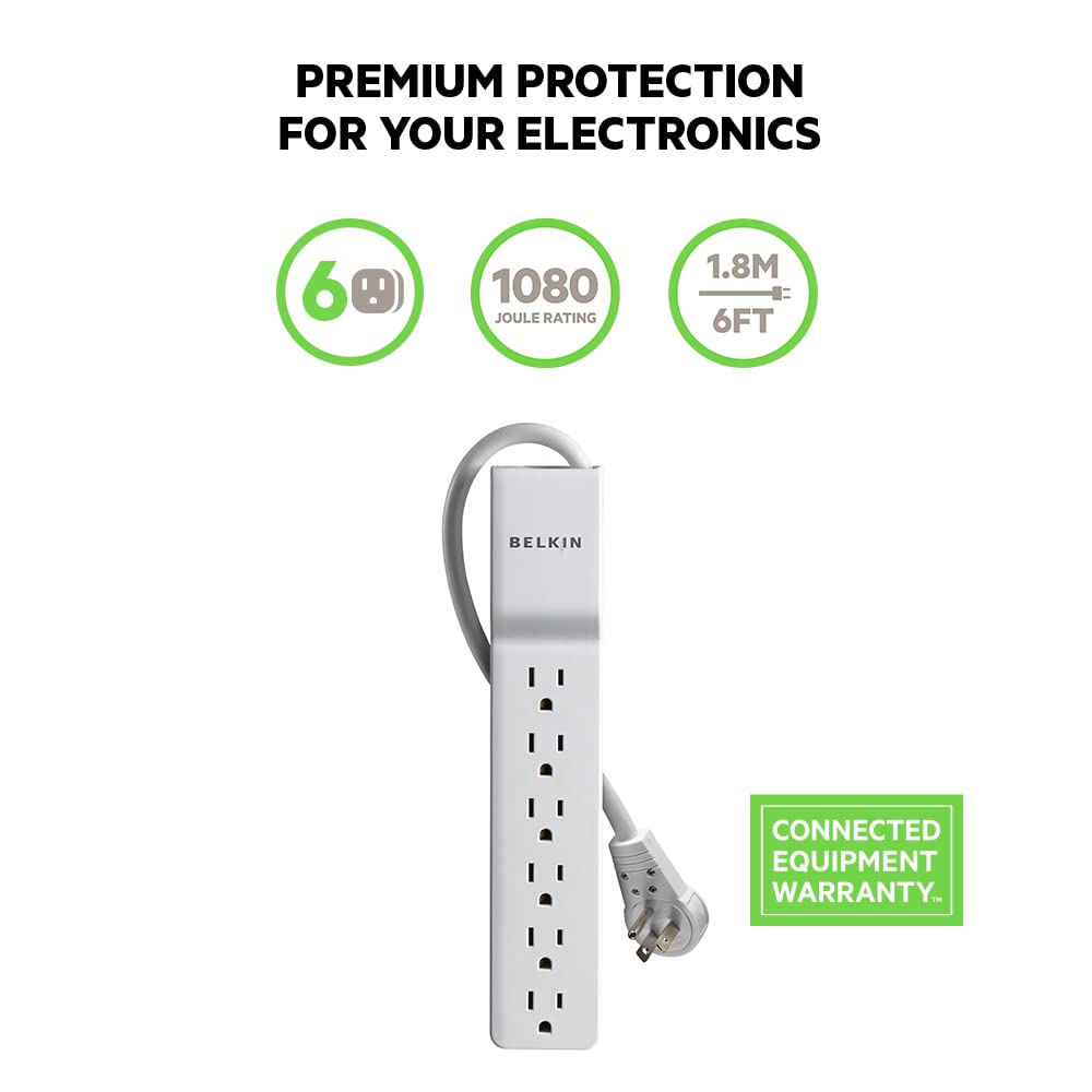 Belkin 6-Outlet Power Strip Surge Protector w/Flat Rotating Plug, 6ft Cord – Ideal for Personal Electronics, Small Appliances and More (1080 Joules), White, 6' - 6 Pack
