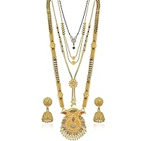 Aleafa Armlet Presents Traditional One Gram Gold Plated Combo of 4 Necklace Pendant 30 Inch Long and 18 Inch Short Mangalsutra/Tanmaniya/Nallapusalu with 1 Pair of #Aport-1204