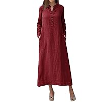 Womens Loose Long Maxi Dress Cotton Caftan Plain Maxi Long Dress Kaftan Linen Long Sleeve Turkish Ethnic Muslim Clothes