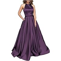 Women's A-line Beaded Satin Evening Prom Dresses Long Halter Formal Gowns with Pockets