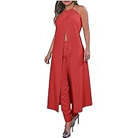 Ladies Summer Casual Outfits Sets Halter Long Tops Straight Pants 2 Piece Outfit for Women Trendy Vacation Suits