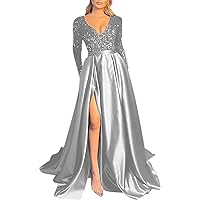 Women's Sequins Long Sleeve Prom Dresses with Pockets Lace up V Neck Side Satin Long Formal Party Gowns