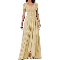 Mother of The Bride Dress Cap Sleeves Lace Applique Groom's Mother Dresses V Neck Formal Wedding Party Gowns