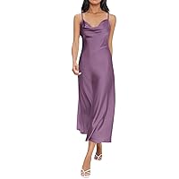 Womens Satin Spaghetti Strap Dress Sexy Cowl Neck Bodycon Dress Elegant Slip Silk Beach Party Midi Dress