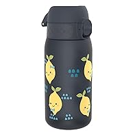 Ion8 Kids Water Bottle, 350 ml/12 oz, Leak Proof, Easy to Open, Secure Lock, Dishwasher Safe, BPA Free, Carry Handle, Hygienic Flip Cover, Easy Clean, Odor Free, Carbon Neutral, Navy Blue, Lemons