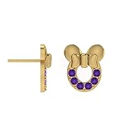 2MM Amethyst Round Cut Mickey Mouse Earring For Womens Tiny Girl 14K Yellow Gold Over Sterling Sliver