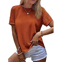SHEWIN Women's Waffle Knit Tops Casual Crew Neck Hollow Out Raglan Short Sleeve Summer T-Shirts Blouses