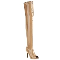 LEHOOR Open Toe Over Knee High Boots Stiletto Thigh High Boots for woman Sexy Peep Toe 4” High Heel High Boots Patent Leather Side Zipper Long Boots Stylish Club Party 4-13 M US