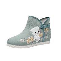 Women Vintage Ankle Boots Embroider Hanfu Shoes For Female Cotton Fabric Shoe Ladies Height Increase Short Booties Lake Blue 4.5
