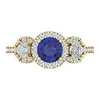 1.85 ct Round Cut Halo Solitaire 3 stone Accent Simulated Tanzanite Anniversary Promise Engagement ring 18K Yellow Gold