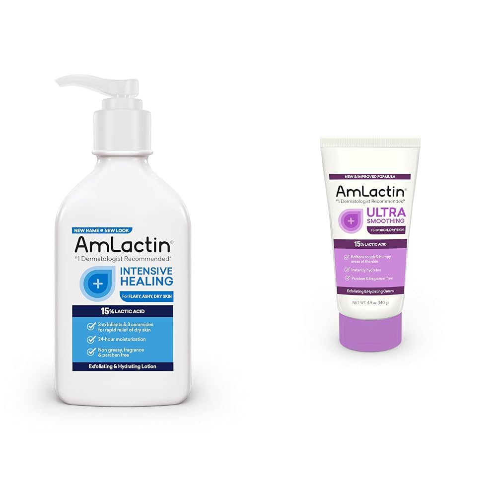 AmLactin Intensive Healing Body Lotion for Dry Skin – 7.9 oz Pump Bottle & Ultra Smoothing-4.9 oz Body & Hand Cream with 15% Lactic Acid-Exfoliator and Moisturizer for Rough and Bumpy Dry Skin