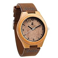 Treehut Men's Walnut Burl Bamboo Wooden Watch with Genuine Brown Leather Strap Quartz Analog with Miyota Movement, 1.3 inches