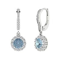 Clara Pucci 3.55 ct Round Cut Halo Solitaire Genuine Natural Light Blue Aquamarine pair of Lever back Drop Dangle Earrings 14k White Gold