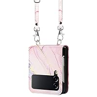 Compatible with Samsung Galaxy Flip 3 5G Case Marble Rose Gold with Long Crossbody Lanyard Leather Phone Protective Cover for Samsung Galaxy Z Flip3 5G