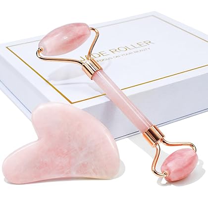 BAIMEI Jade Roller & Gua Sha, Face Roller, Facial Beauty Roller Skin Care Tools, Massager for Face, Eyes, Neck, Body Muscle Relaxing and Relieve Fine Lines and Wrinkles - Rose Quartz