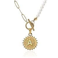 Gold Initial Pearl Pendant Necklace, 18K Gold Plated Pearl A-Z Letter Paperclip Chain Necklace Jewelry Gifts for Women