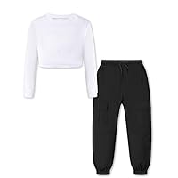 Betusline Girls 2 Piece Outfits Long Sleeve Tee Shirts and Cargo Jogger Pants Outfits, 4T-14 Years