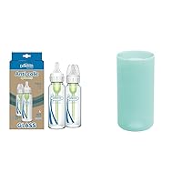Natural Flow Anti-Colic Options+ Narrow Glass Baby Bottle 8 oz/250 mL 2 Pack with Level 1 Slow Flow Nipple and Silicone Sleeves for Glass Bottles, Mint