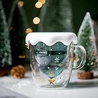 Fun Christmas Coffee Mugs Holiday Cups,10oz Double Wall Glass Tableware with Lid and Handle,Tree Snowflake Glassware for Tea, Milk, Beverage, Juice, Water, 300ML (with Lid)
