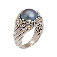 NOVICA Artisan Handmade Cultured Freshwater Pearl Cocktail Ring Blue with Floral Motifs .925 Sterling Silver Dyed Tone Indonesia Gemstone Birthstone 'Dusky Daisy'