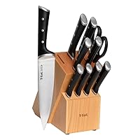 T-fal Ice Force Stainless Steel Kitchen Knife Set and Wood Block, 11 Piece, Long Lasting Sharpness, High Cutting Precision, German Stainless Steel, Cook Tool, Kitchen Tool, Black