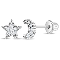 925 Sterling Silver Cubic Zirconia Moon & Star Screw Back Earrings For Girls and Teens - Screw Back Locking Excellent for Little Girls - Gorgeous CZ Cluster Star Earrings for Girls