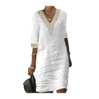 Women's Casual V Neck Mini Dress Cotton Dress for Women Cotton Shirt Dress Summer Half Sleeve Knee Length Shift Dress