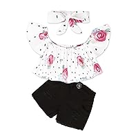 Kids Girls Fashion Outfit Set One Shoulder T-Shirt Tops+Ripped Jeans Shorts+Headband Floral Dot Tops